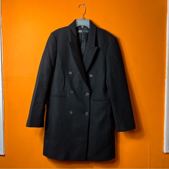 Zara Wool Coat Manteco Double Breasted Mid-Length in Black Size XS Preppy Office - Picture 1 of 9